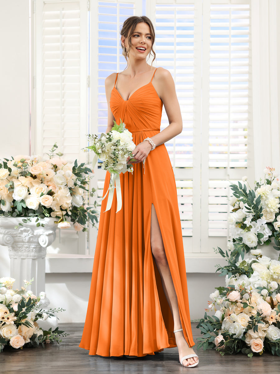 Vestidos de Dama de Honra Em Chiffon Linha A com Decote Em V com Alças Finas e Divisão Lateral Até O Chão