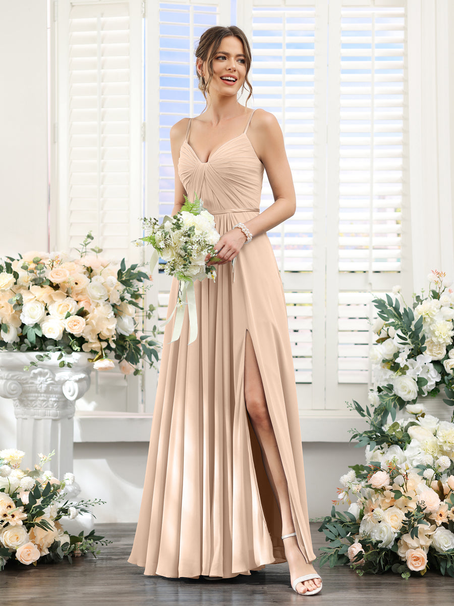 Vestidos de Dama de Honra Em Chiffon Linha A com Decote Em V com Alças Finas e Divisão Lateral Até O Chão