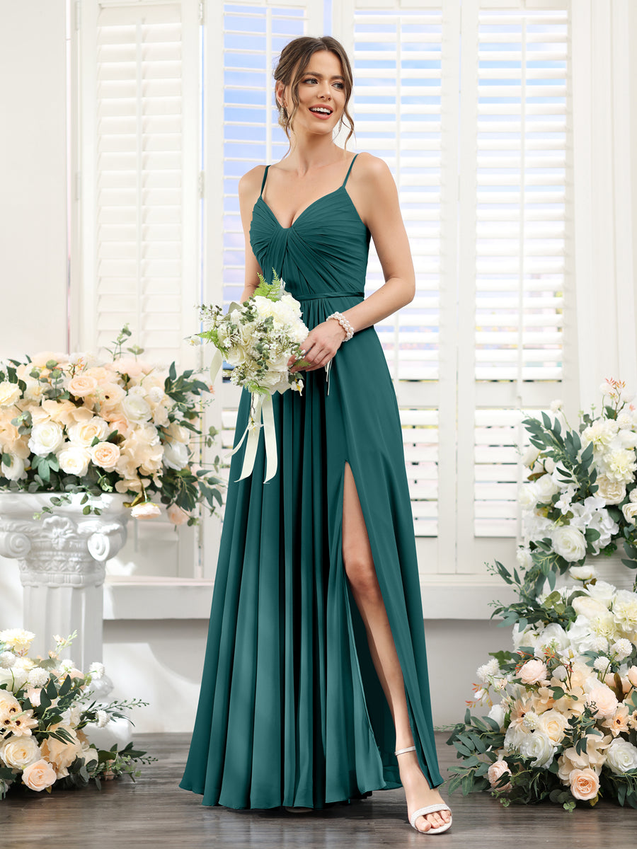 Vestidos de Dama de Honra Em Chiffon Linha A com Decote Em V com Alças Finas e Divisão Lateral Até O Chão