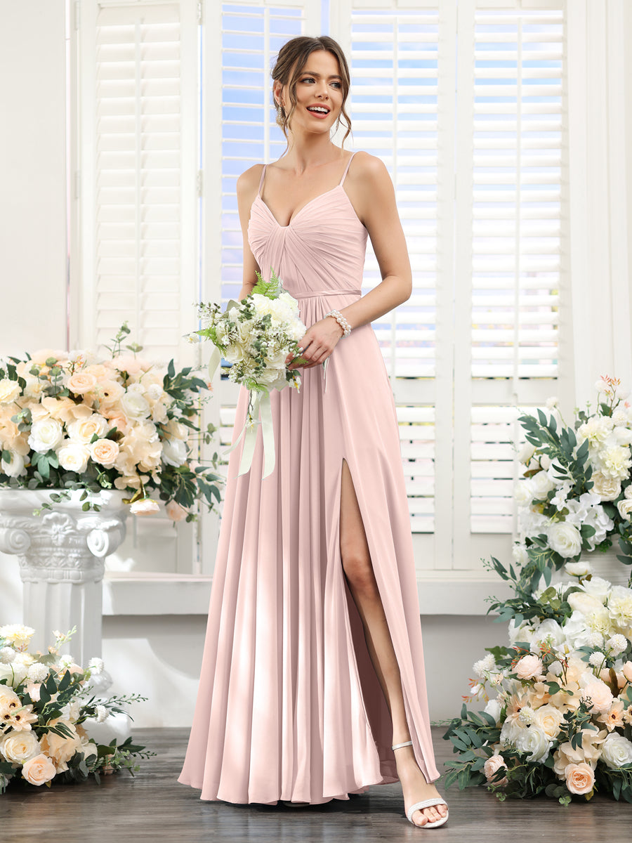 Vestidos de Dama de Honra Em Chiffon Linha A com Decote Em V com Alças Finas e Divisão Lateral Até O Chão