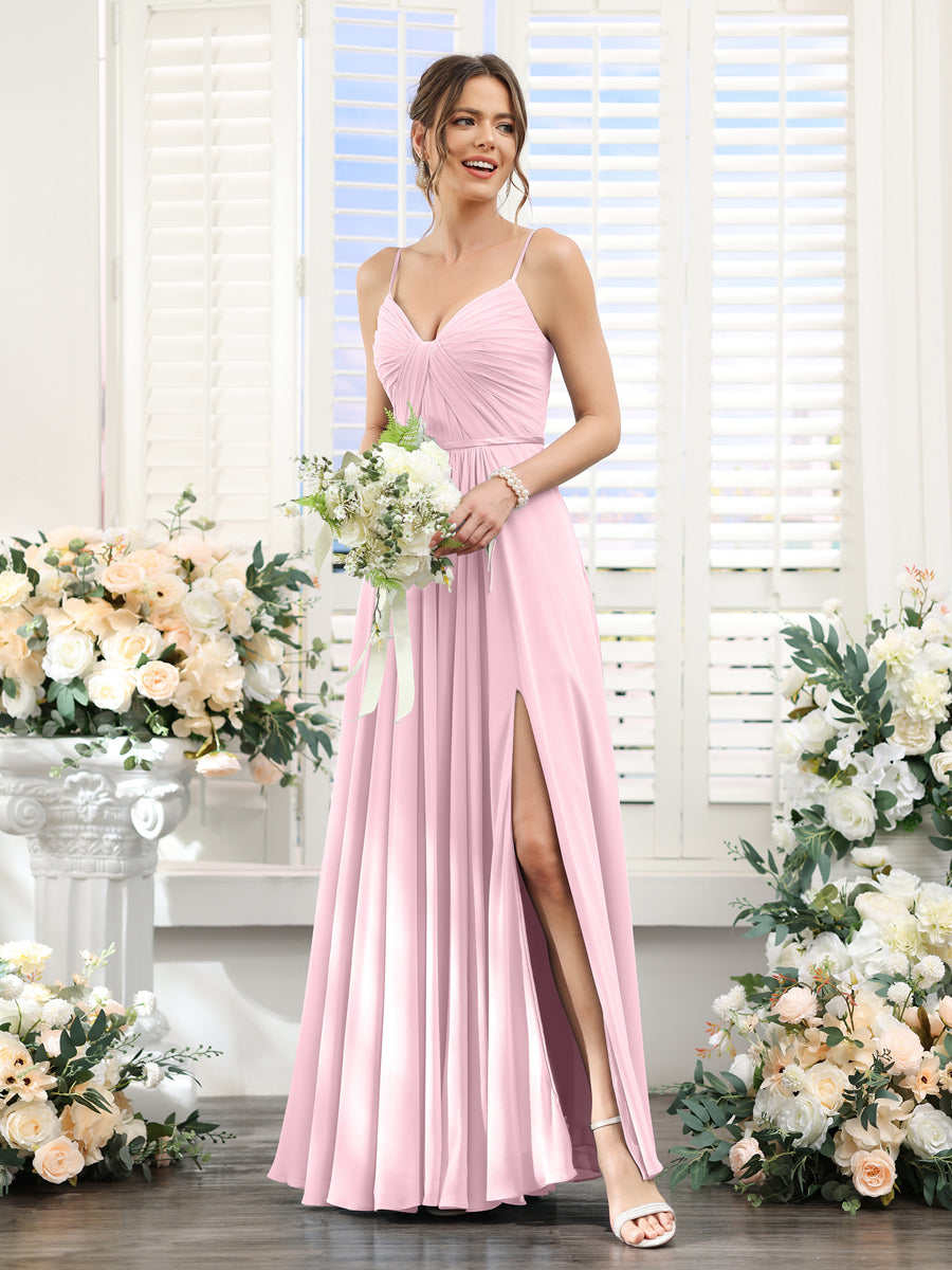 Vestidos de Dama de Honra Em Chiffon Linha A com Decote Em V com Alças Finas e Divisão Lateral Até O Chão