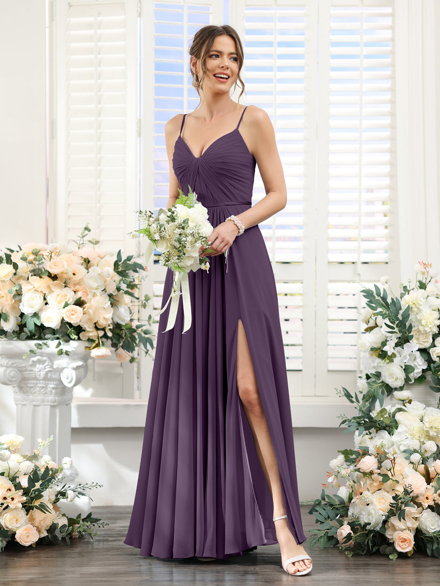Vestidos de Dama de Honra Em Chiffon Linha A com Decote Em V com Alças Finas e Divisão Lateral Até O Chão