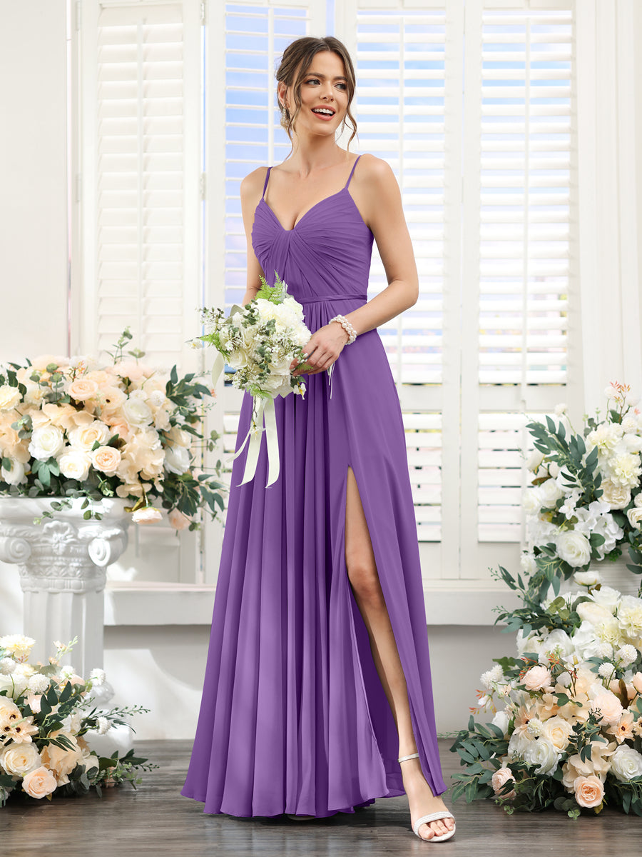 Vestidos de Dama de Honra Em Chiffon Linha A com Decote Em V com Alças Finas e Divisão Lateral Até O Chão