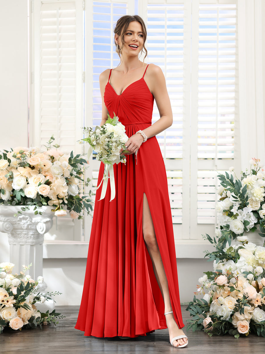 Vestidos de Dama de Honra Em Chiffon Linha A com Decote Em V com Alças Finas e Divisão Lateral Até O Chão