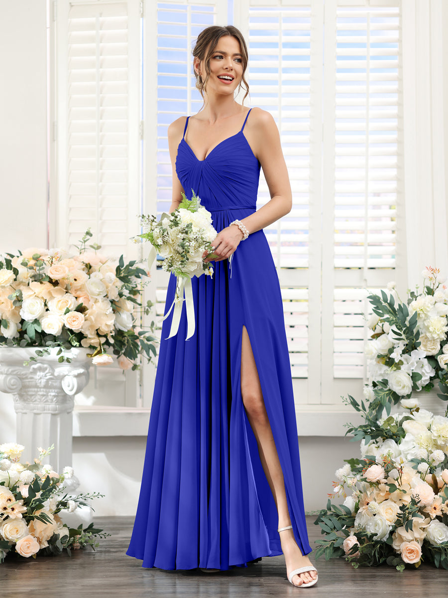Vestidos de Dama de Honra Em Chiffon Linha A com Decote Em V com Alças Finas e Divisão Lateral Até O Chão