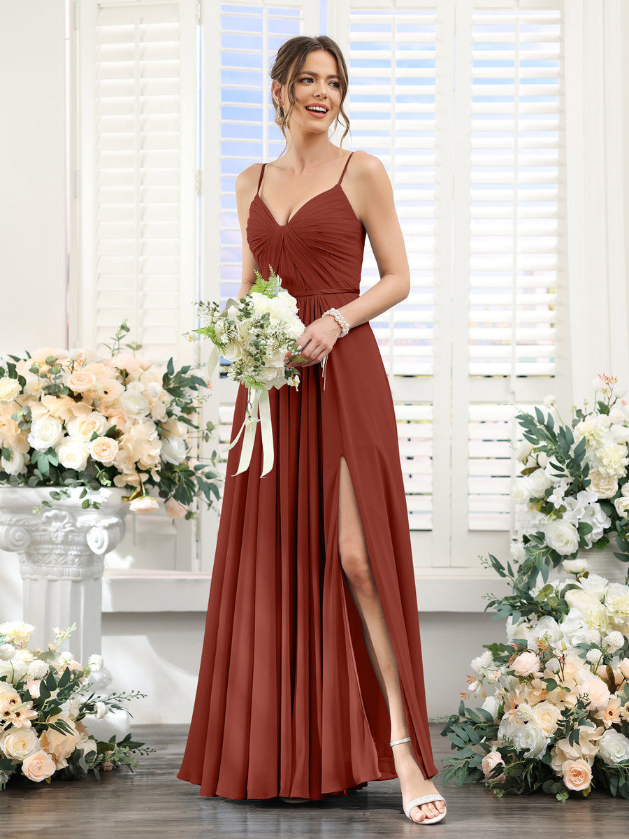 Vestidos de Dama de Honra Em Chiffon Linha A com Decote Em V com Alças Finas e Divisão Lateral Até O Chão