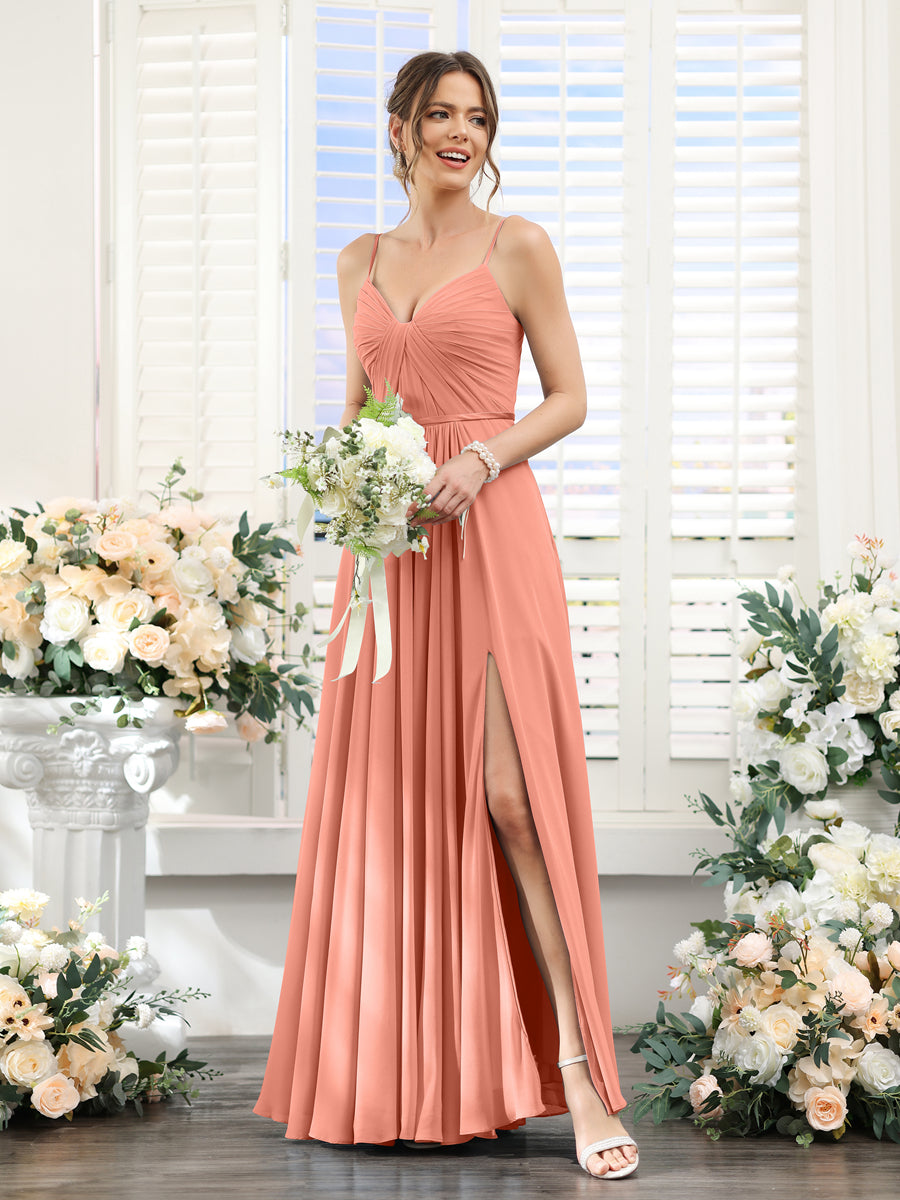 Vestidos de Dama de Honra Em Chiffon Linha A com Decote Em V com Alças Finas e Divisão Lateral Até O Chão