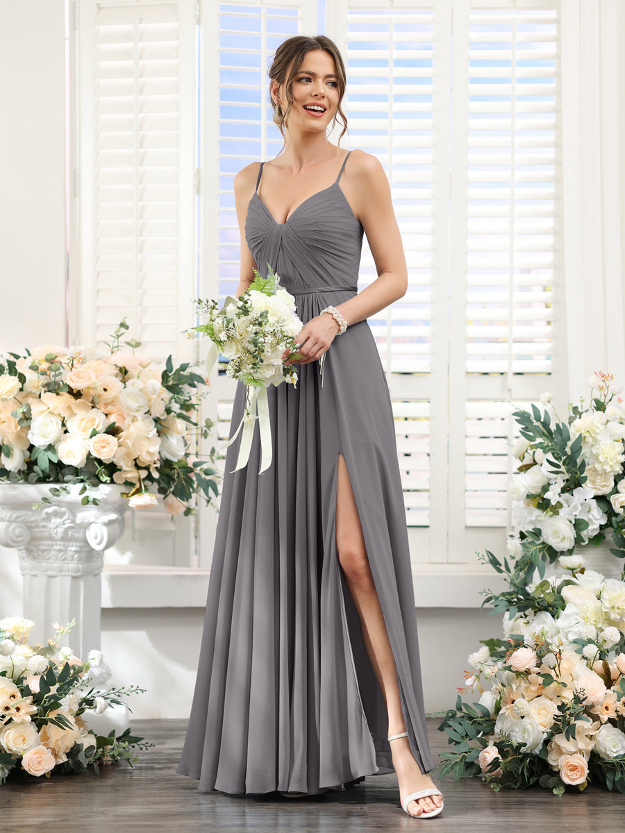 Vestidos de Dama de Honra Em Chiffon Linha A com Decote Em V com Alças Finas e Divisão Lateral Até O Chão