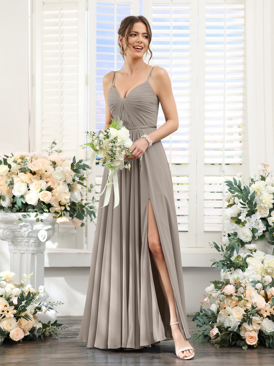 Vestidos de Dama de Honra Em Chiffon Linha A com Decote Em V com Alças Finas e Divisão Lateral Até O Chão