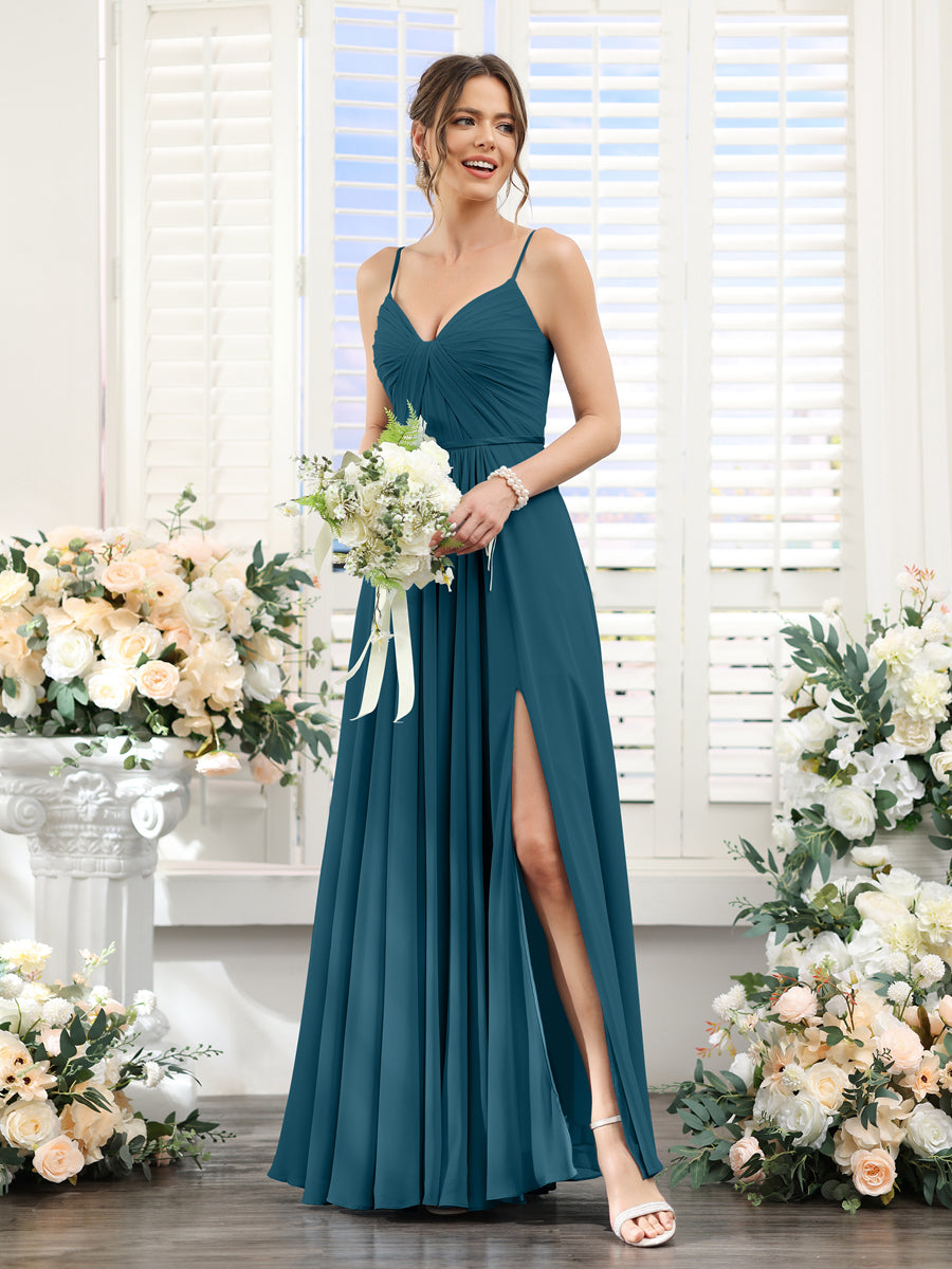 Vestidos de Dama de Honra Em Chiffon Linha A com Decote Em V com Alças Finas e Divisão Lateral Até O Chão
