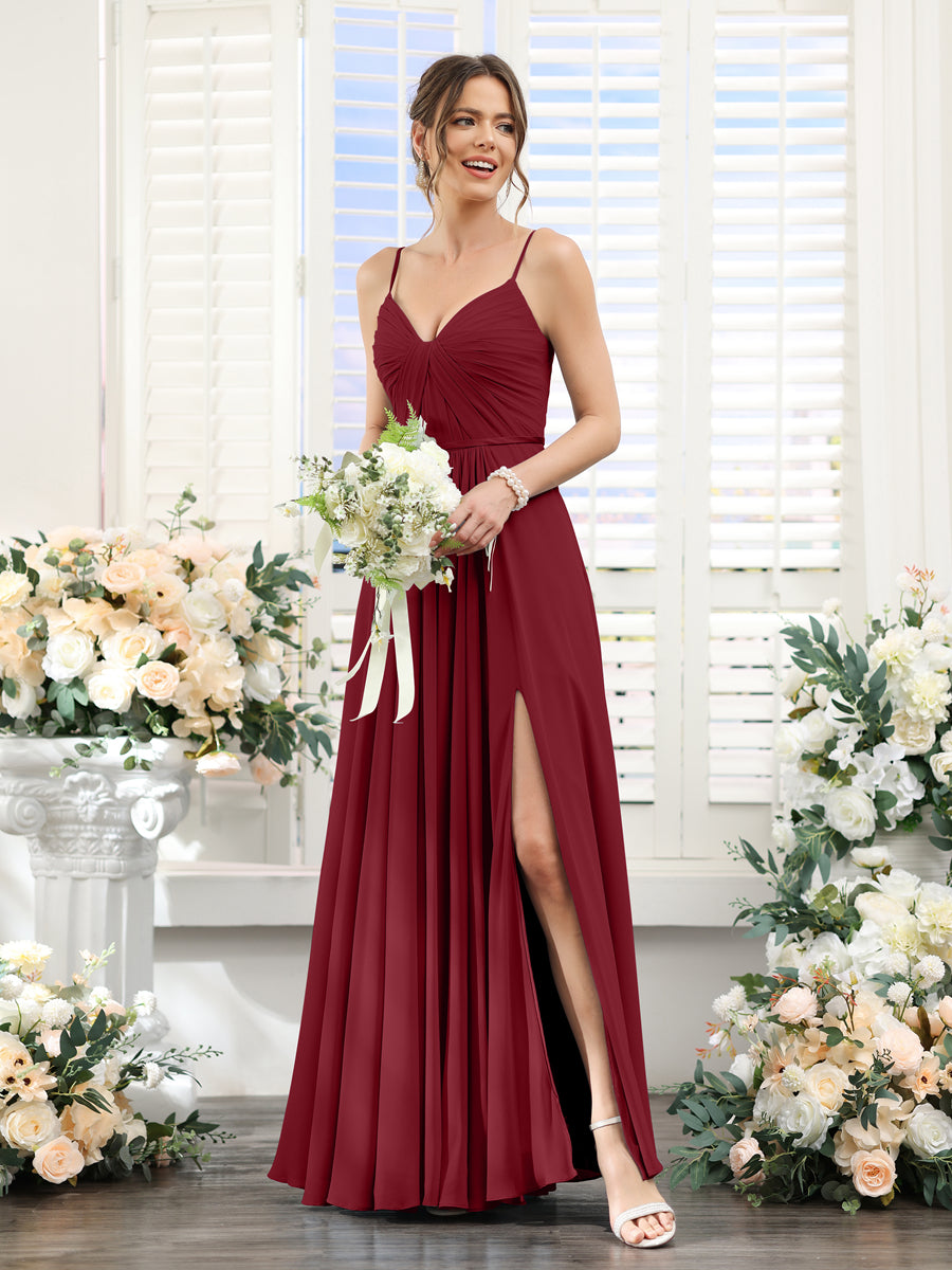 Vestidos de Dama de Honra Em Chiffon Linha A com Decote Em V com Alças Finas e Divisão Lateral Até O Chão