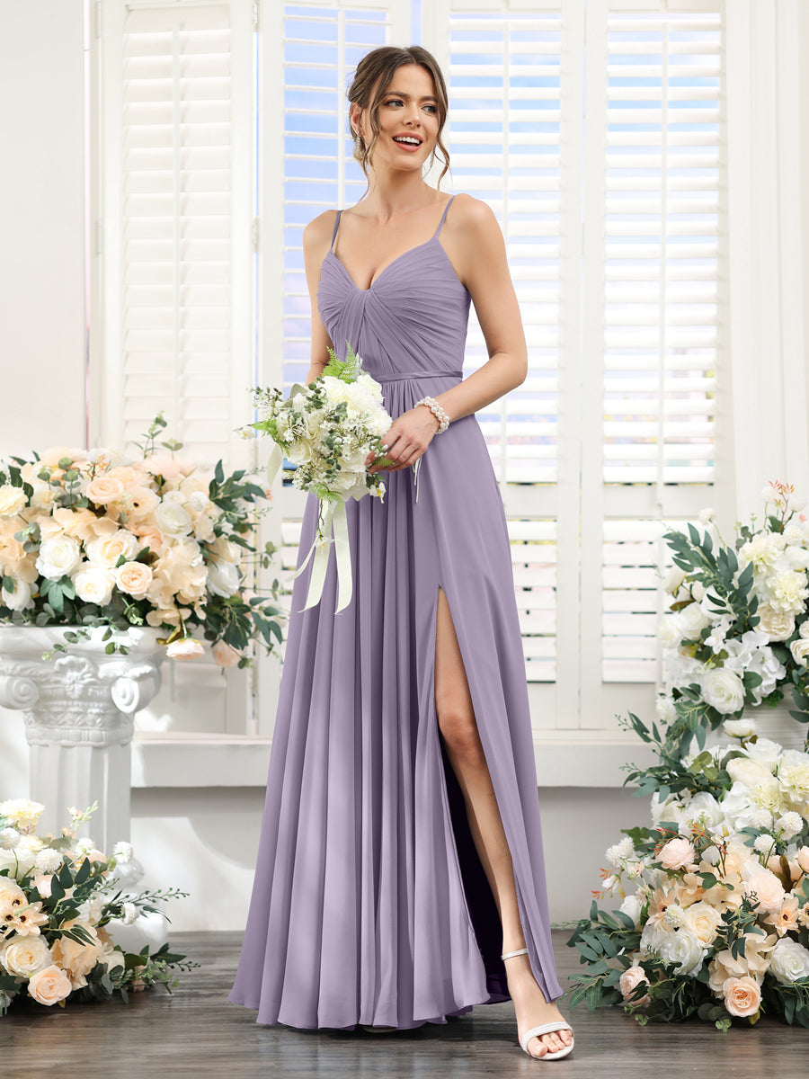 Vestidos de Dama de Honra Em Chiffon Linha A com Decote Em V com Alças Finas e Divisão Lateral Até O Chão