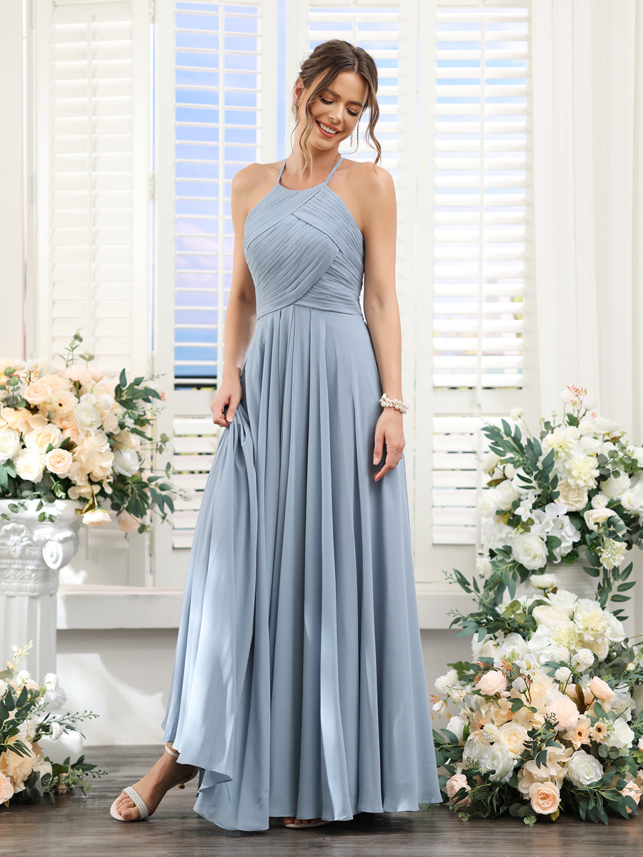 Vestidos de Dama de Honra Em Chiffon com Frente Única Evasê Sem Mangas Franzidos Até O Chão
