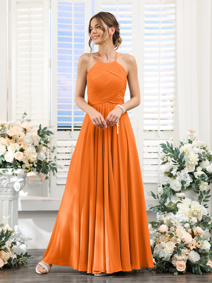 Vestidos de Dama de Honra Em Chiffon com Frente Única Evasê Sem Mangas Franzidos Até O Chão