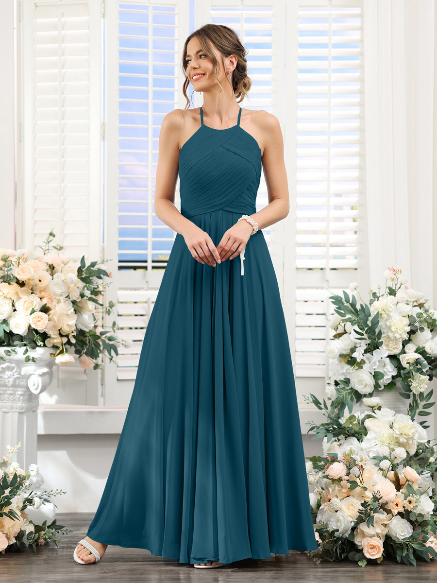 Vestidos de Dama de Honra Em Chiffon com Frente Única Evasê Sem Mangas Franzidos Até O Chão