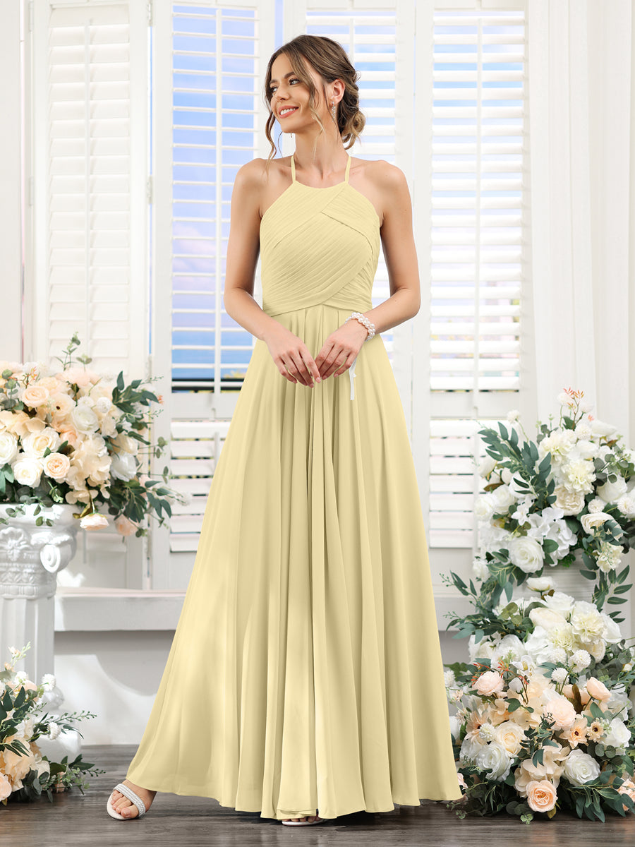 Vestidos de Dama de Honra Em Chiffon com Frente Única Evasê Sem Mangas Franzidos Até O Chão