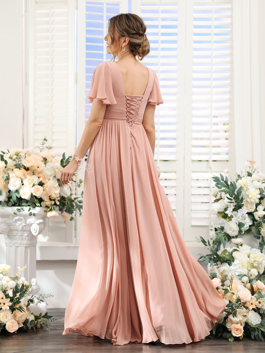 Vestidos de Dama de Honra Em Chiffon Linha A com Mangas Curtas e Laterais Divididas Até O Chão