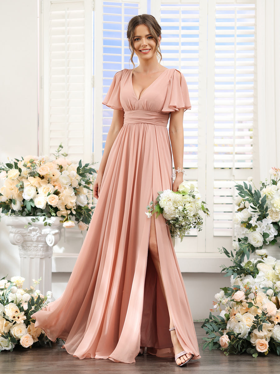 Vestidos de Dama de Honra Em Chiffon Linha A com Mangas Curtas e Laterais Divididas Até O Chão