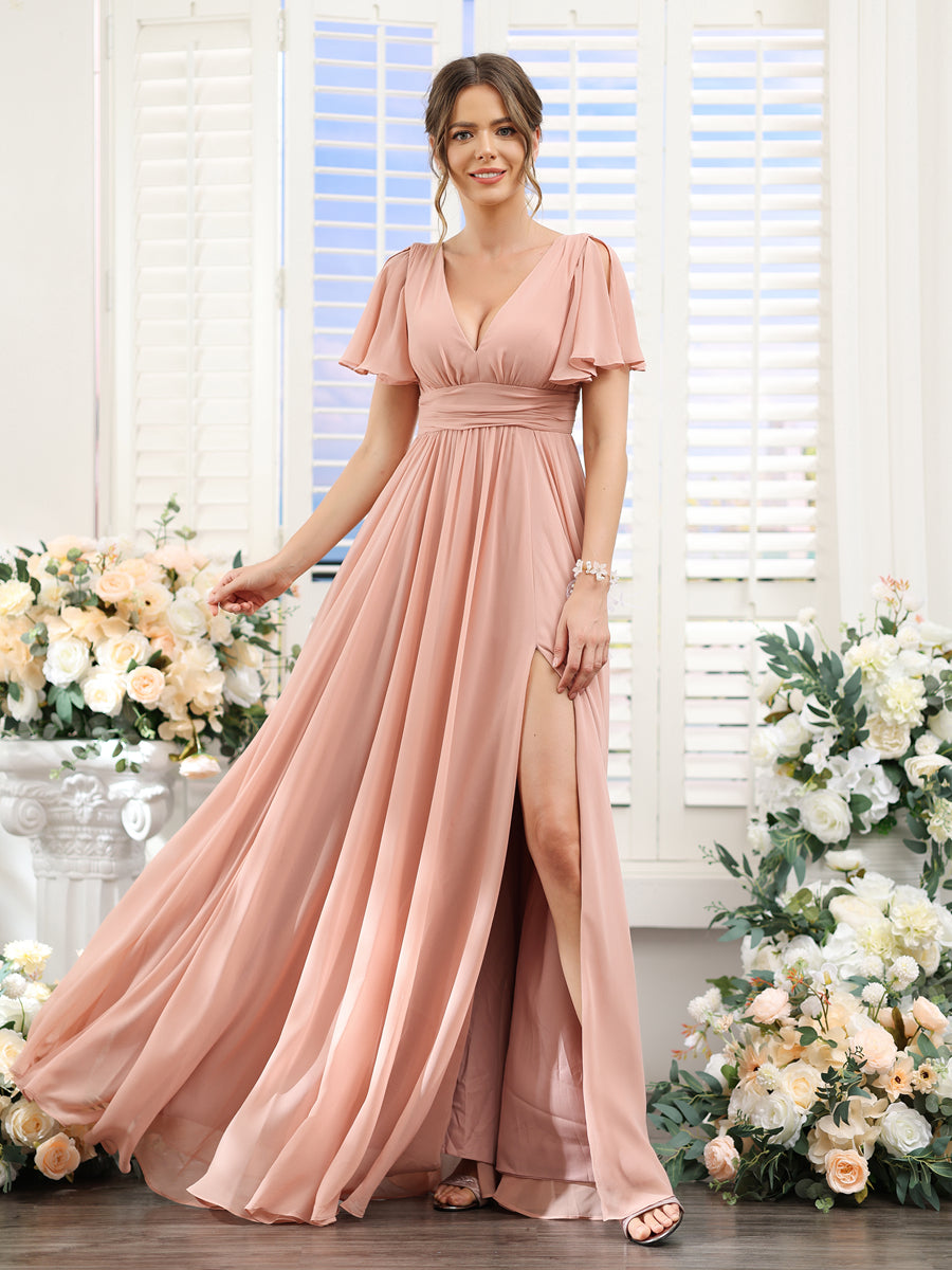Vestidos de Dama de Honra Em Chiffon Linha A com Mangas Curtas e Laterais Divididas Até O Chão