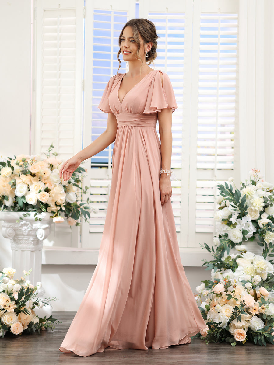 Vestidos de Dama de Honra Em Chiffon Linha A com Mangas Curtas e Laterais Divididas Até O Chão