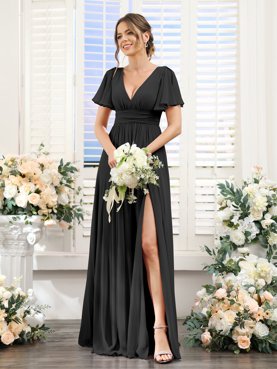 Vestidos de Dama de Honra Em Chiffon Linha A com Mangas Curtas e Laterais Divididas Até O Chão