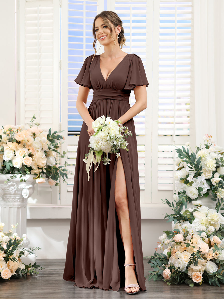 Vestidos de Dama de Honra Em Chiffon Linha A com Mangas Curtas e Laterais Divididas Até O Chão