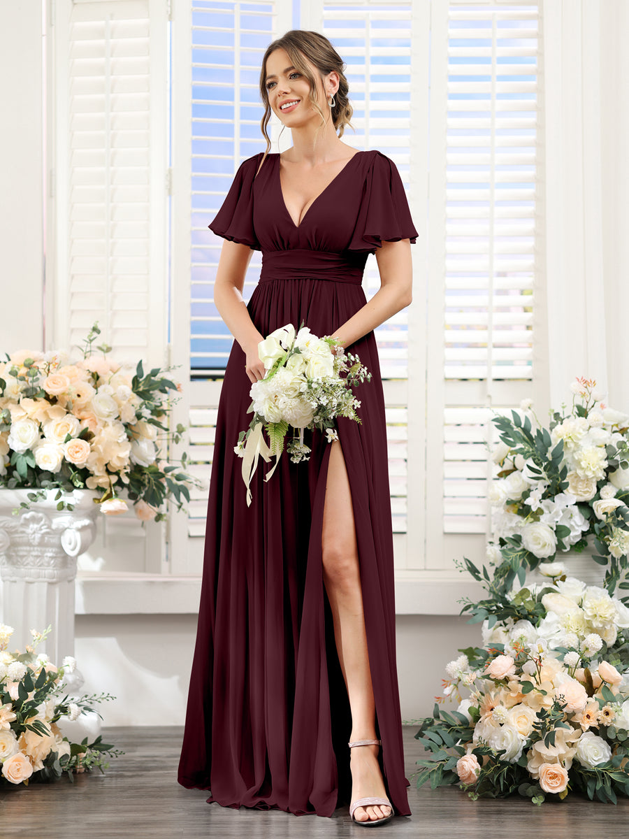 Vestidos de Dama de Honra Em Chiffon Linha A com Mangas Curtas e Laterais Divididas Até O Chão
