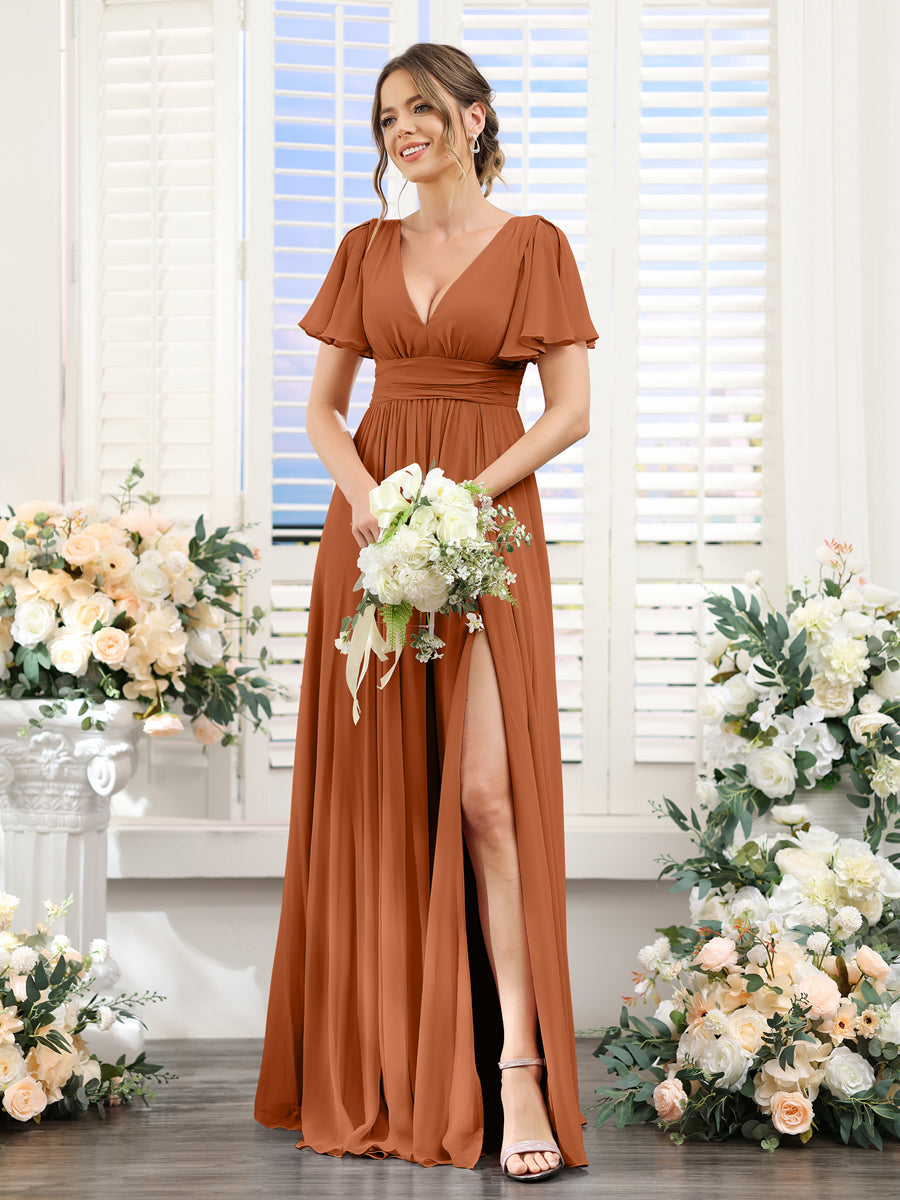 Vestidos de Dama de Honra Em Chiffon Linha A com Mangas Curtas e Laterais Divididas Até O Chão