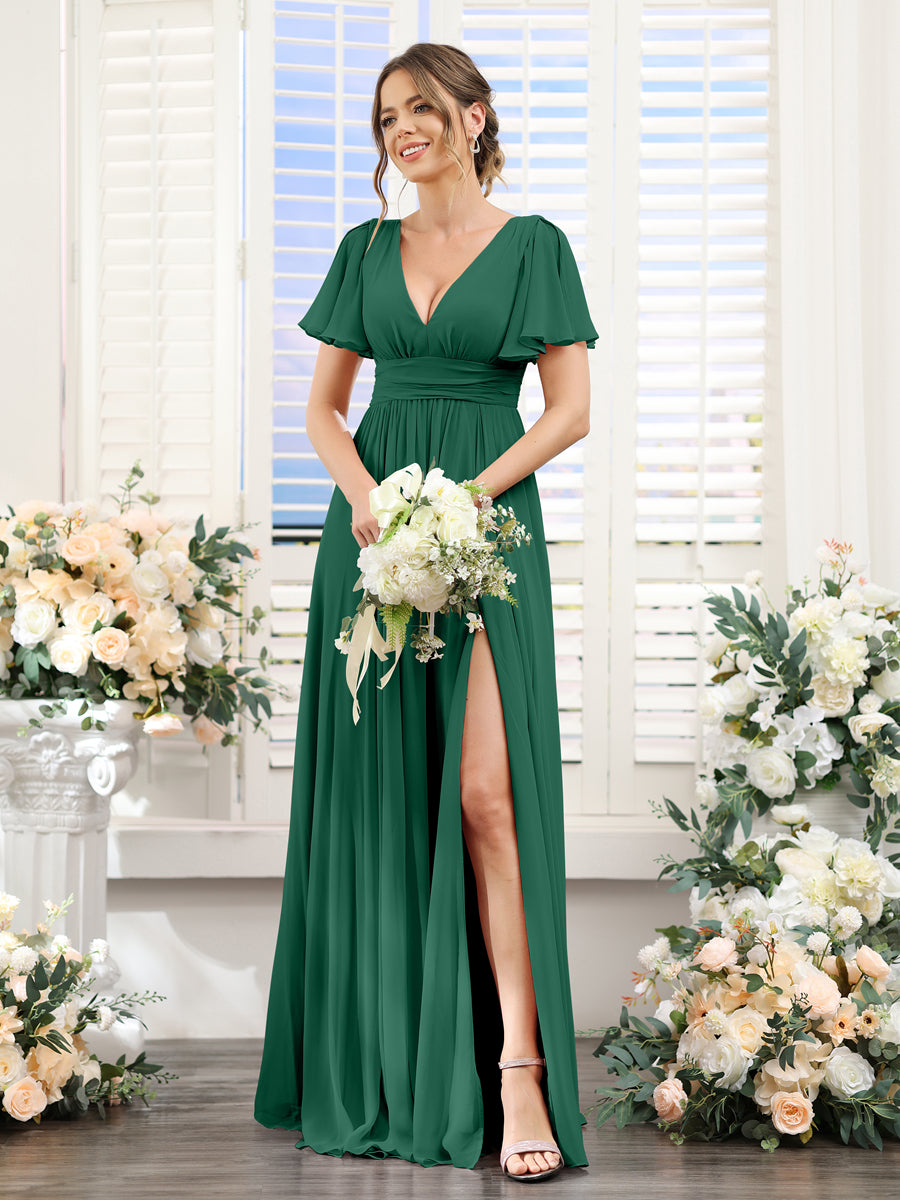Vestidos de Dama de Honra Em Chiffon Linha A com Mangas Curtas e Laterais Divididas Até O Chão