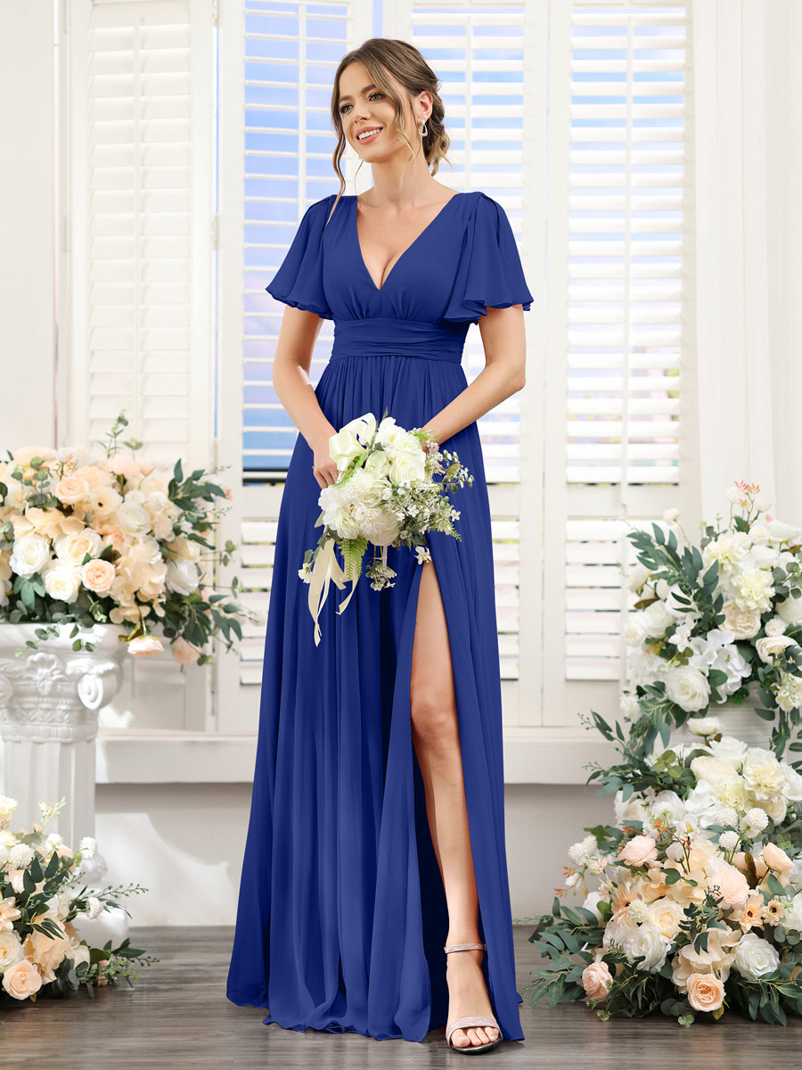 Vestidos de Dama de Honra Em Chiffon Linha A com Mangas Curtas e Laterais Divididas Até O Chão