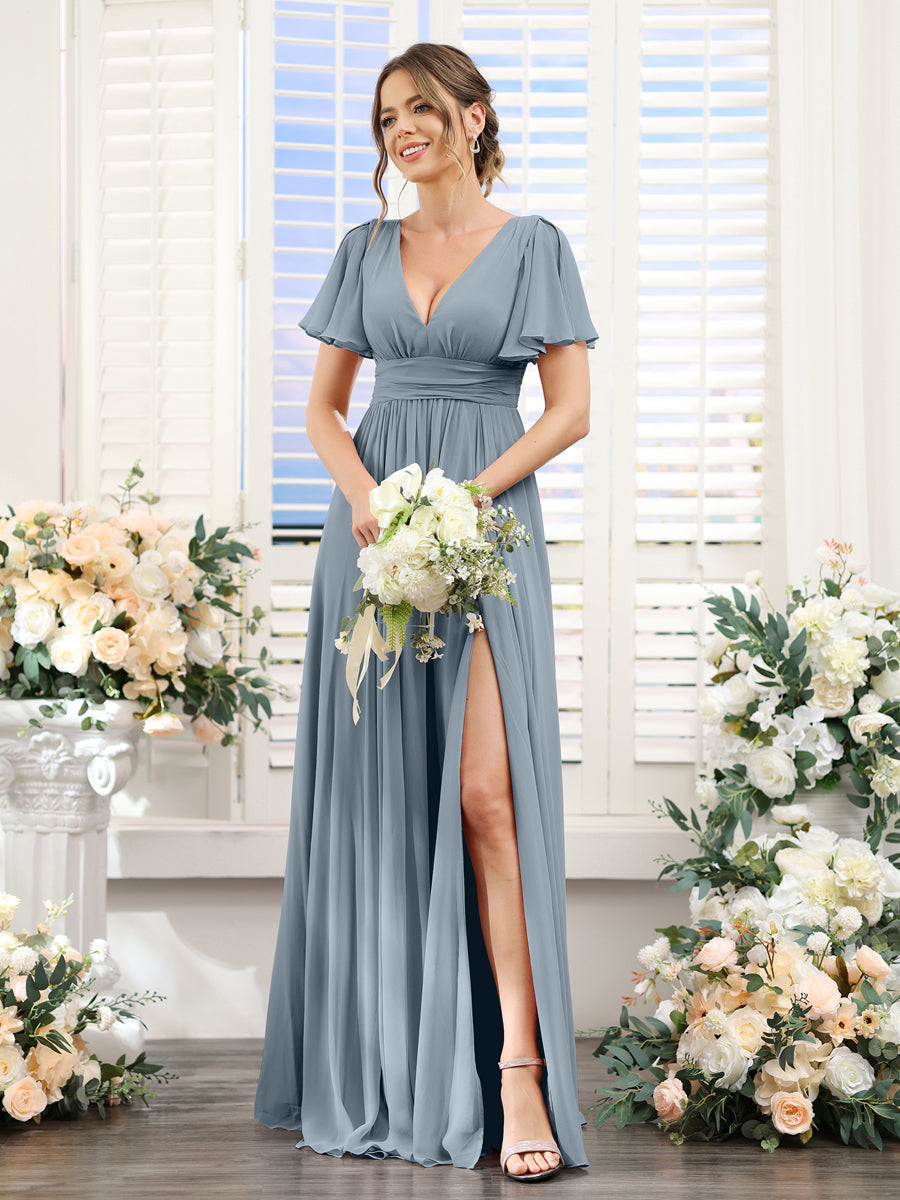 Vestidos de Dama de Honra Em Chiffon Linha A com Mangas Curtas e Laterais Divididas Até O Chão