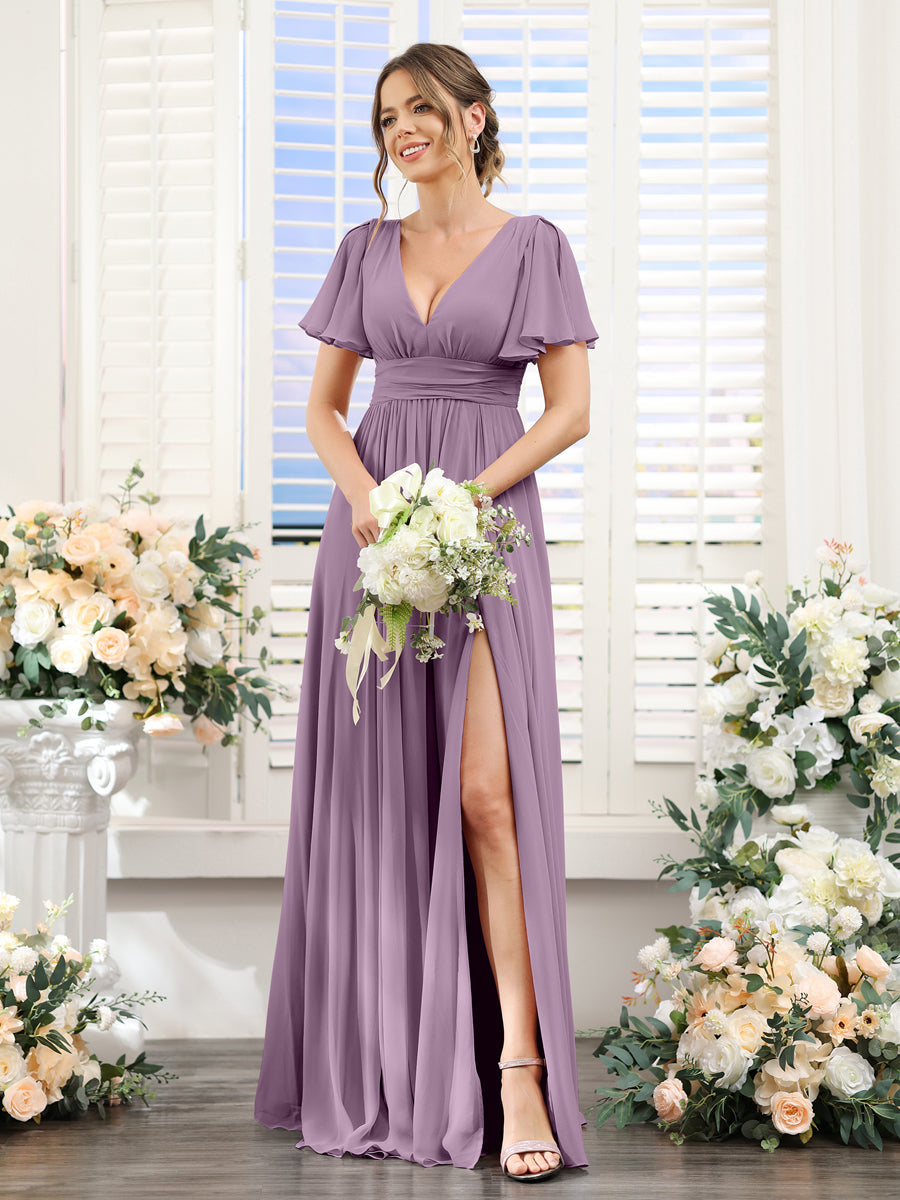 Vestidos de Dama de Honra Em Chiffon Linha A com Mangas Curtas e Laterais Divididas Até O Chão
