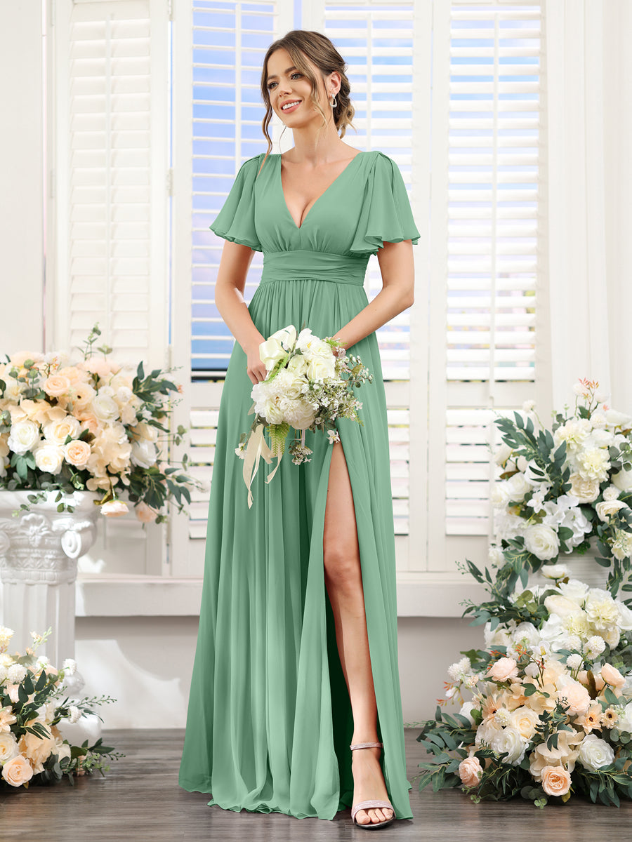 Vestidos de Dama de Honra Em Chiffon Linha A com Mangas Curtas e Laterais Divididas Até O Chão
