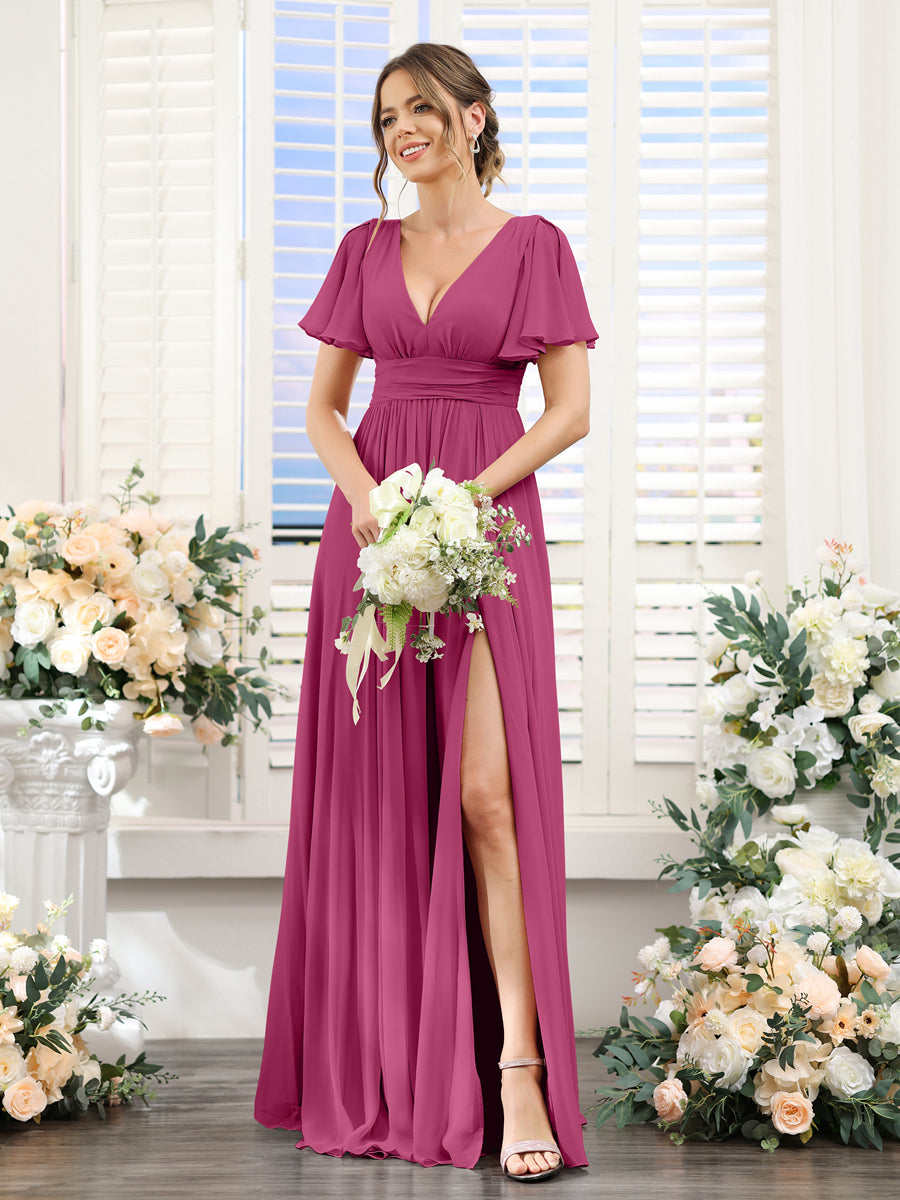 Vestidos de Dama de Honra Em Chiffon Linha A com Mangas Curtas e Laterais Divididas Até O Chão
