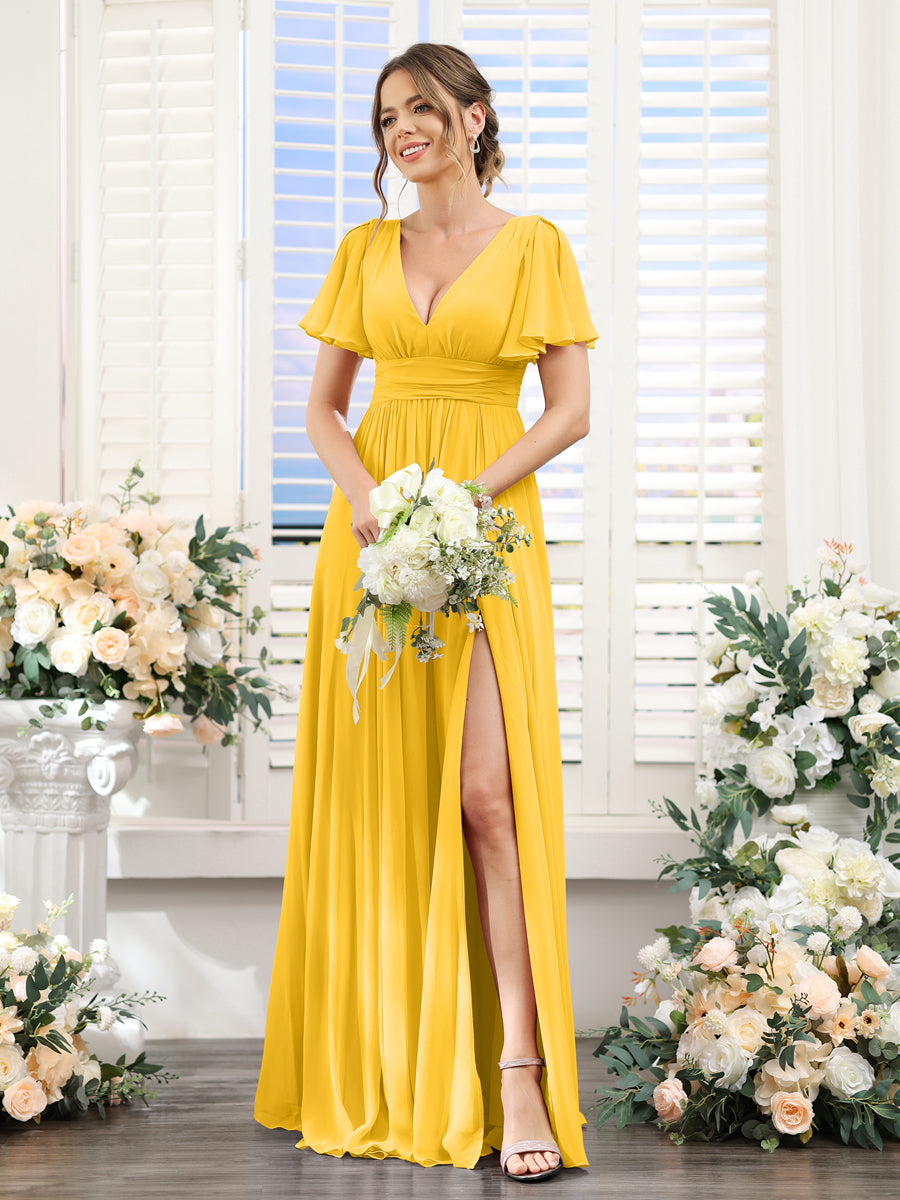 Vestidos de Dama de Honra Em Chiffon Linha A com Mangas Curtas e Laterais Divididas Até O Chão