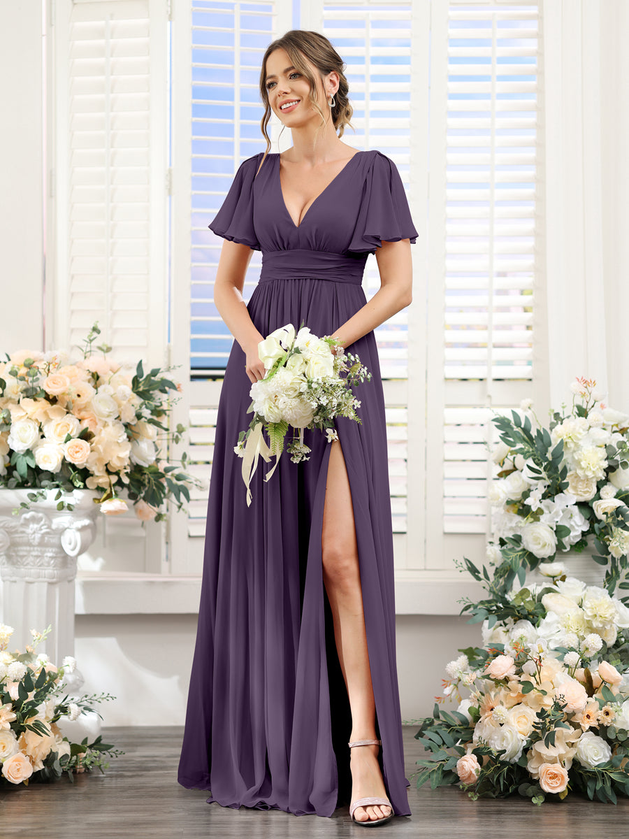 Vestidos de Dama de Honra Em Chiffon Linha A com Mangas Curtas e Laterais Divididas Até O Chão