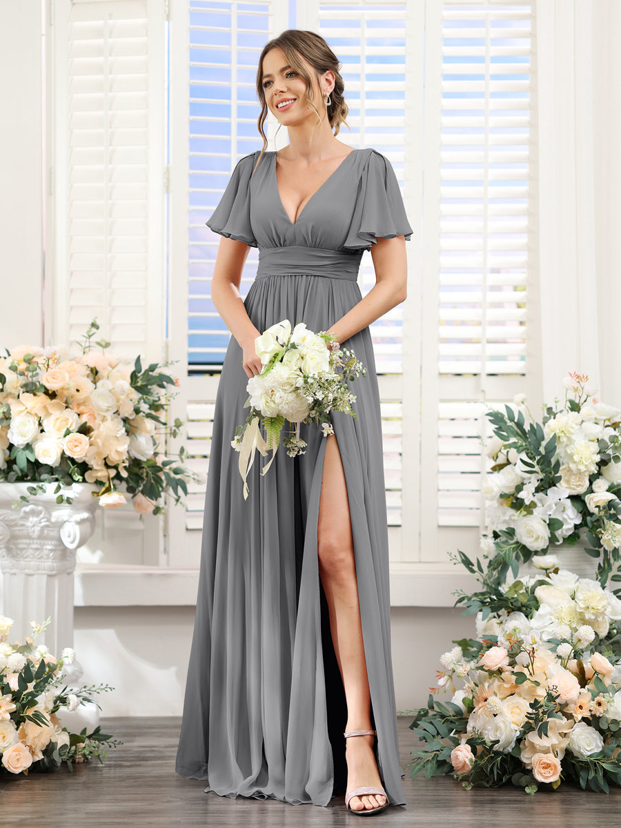 Vestidos de Dama de Honra Em Chiffon Linha A com Mangas Curtas e Laterais Divididas Até O Chão