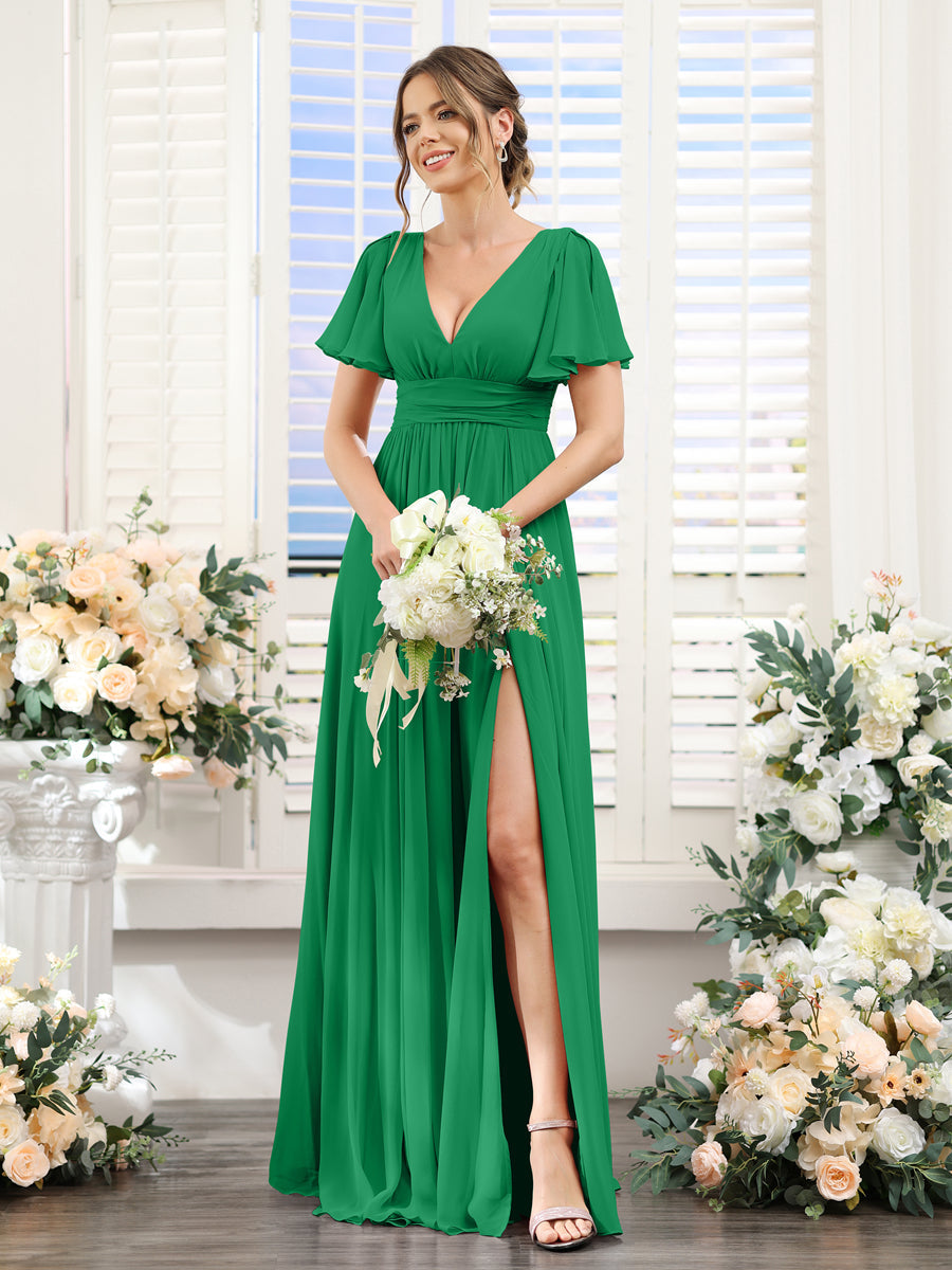 Vestidos de Dama de Honra Em Chiffon Linha A com Mangas Curtas e Laterais Divididas Até O Chão
