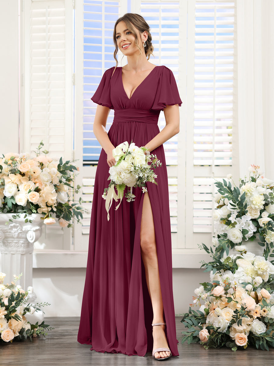 Vestidos de Dama de Honra Em Chiffon Linha A com Mangas Curtas e Laterais Divididas Até O Chão