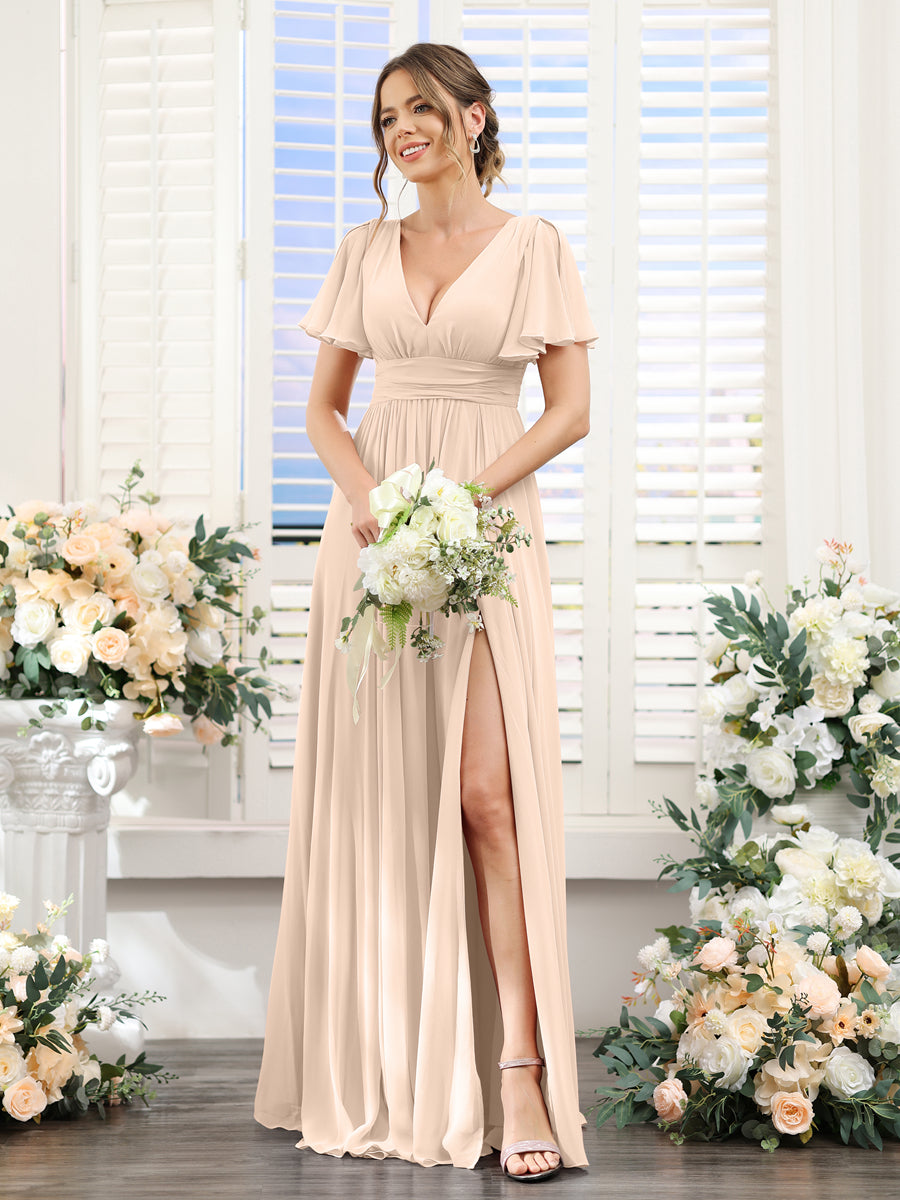 Vestidos de Dama de Honra Em Chiffon Linha A com Mangas Curtas e Laterais Divididas Até O Chão