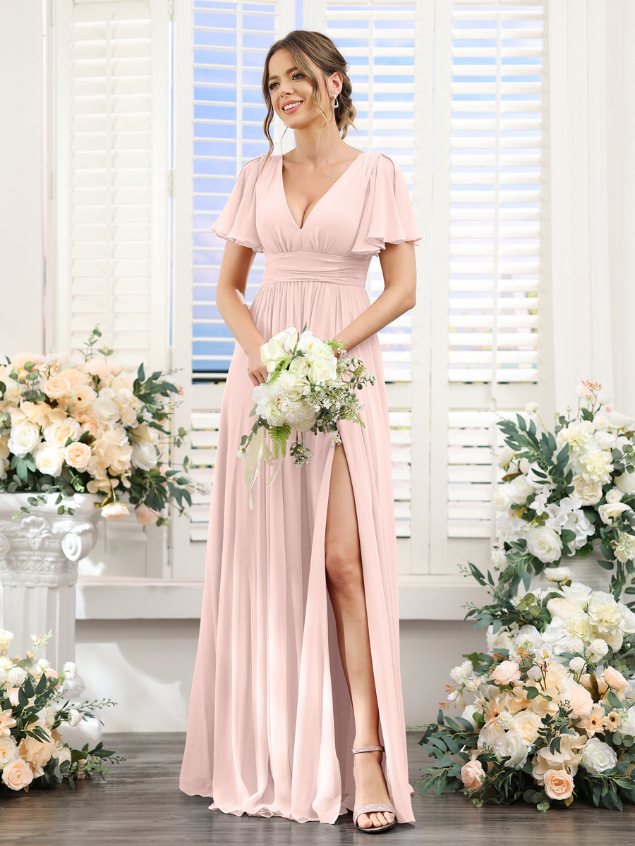 Vestidos de Dama de Honra Em Chiffon Linha A com Mangas Curtas e Laterais Divididas Até O Chão