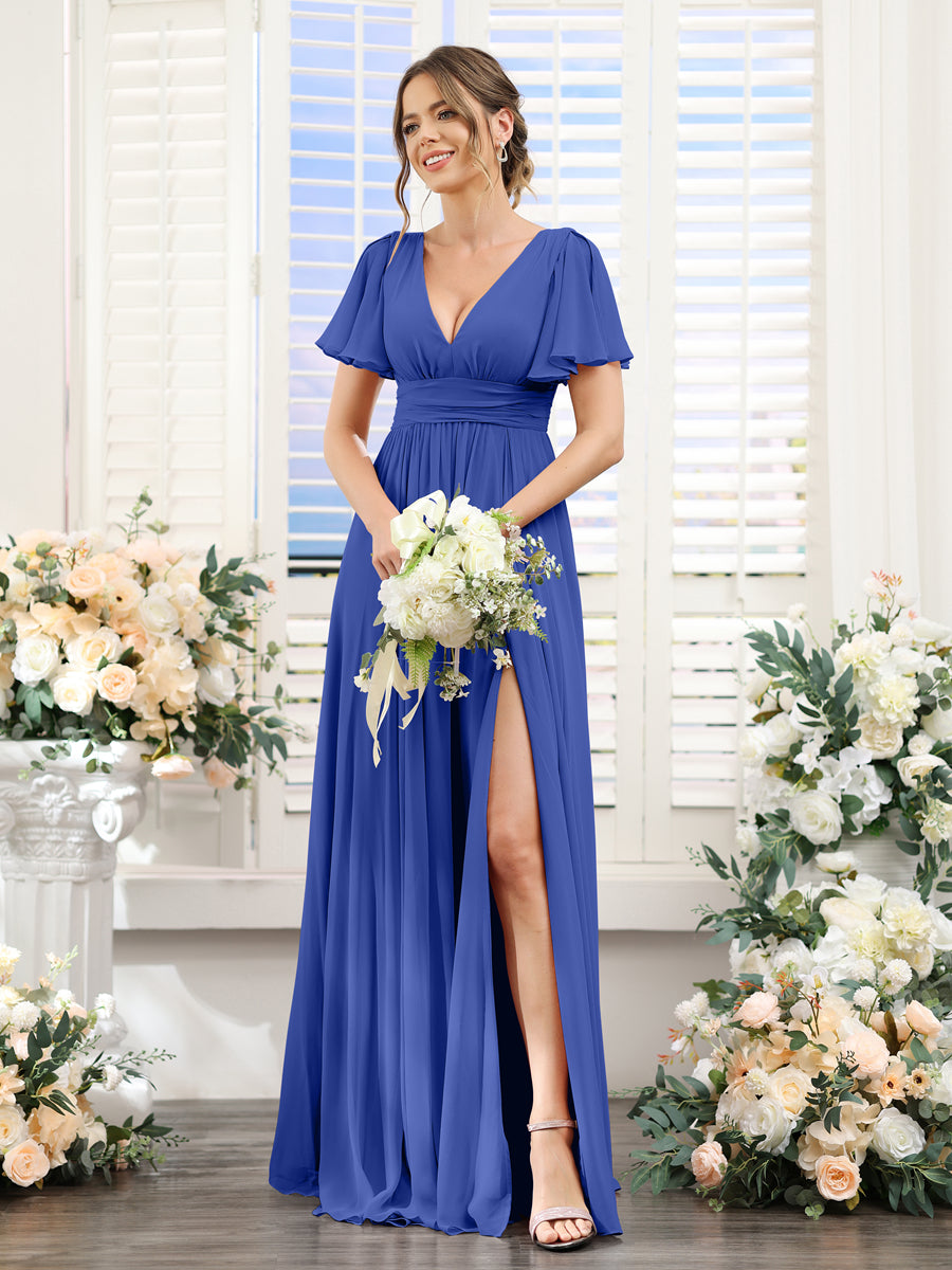 Vestidos de Dama de Honra Em Chiffon Linha A com Mangas Curtas e Laterais Divididas Até O Chão