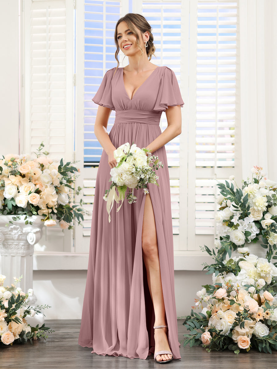 Vestidos de Dama de Honra Em Chiffon Linha A com Mangas Curtas e Laterais Divididas Até O Chão