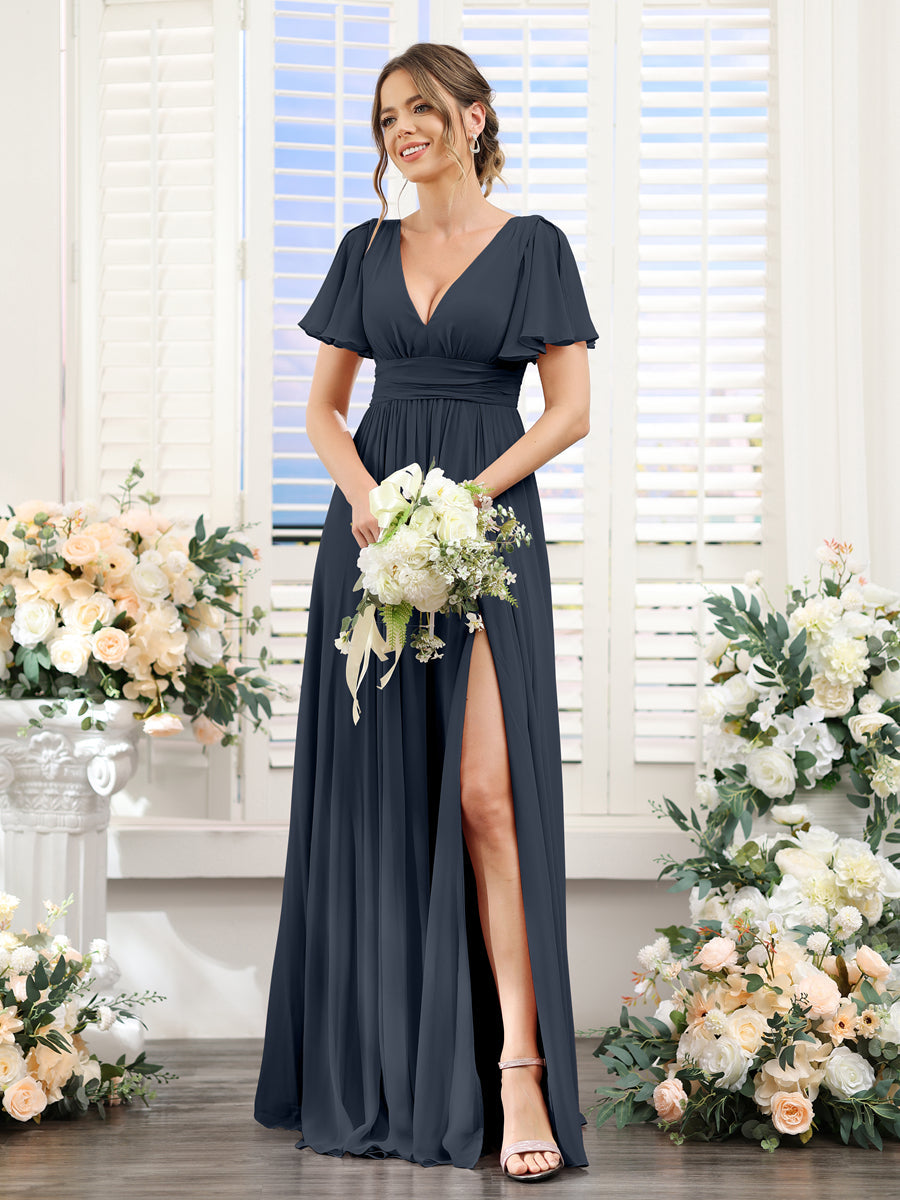Vestidos de Dama de Honra Em Chiffon Linha A com Mangas Curtas e Laterais Divididas Até O Chão