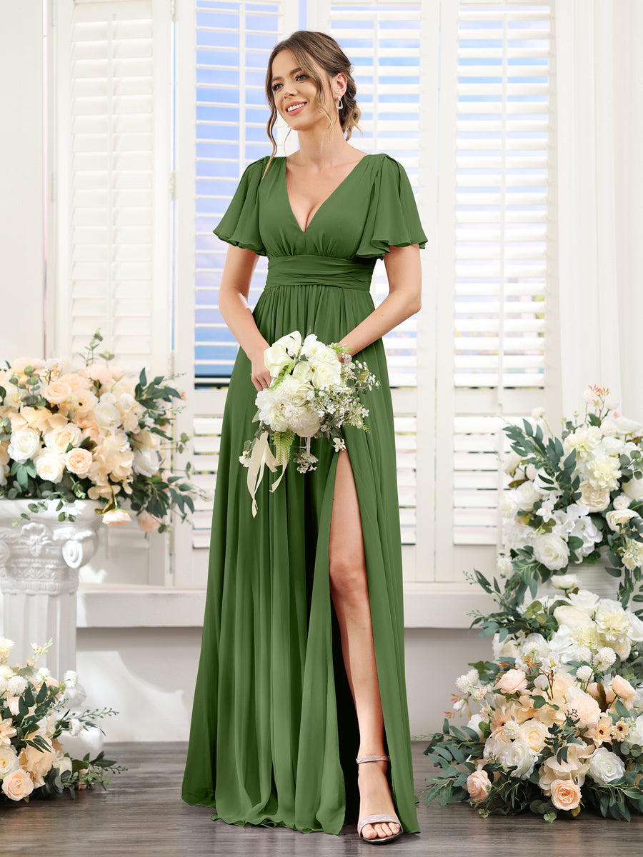 Vestidos de Dama de Honra Em Chiffon Linha A com Mangas Curtas e Laterais Divididas Até O Chão