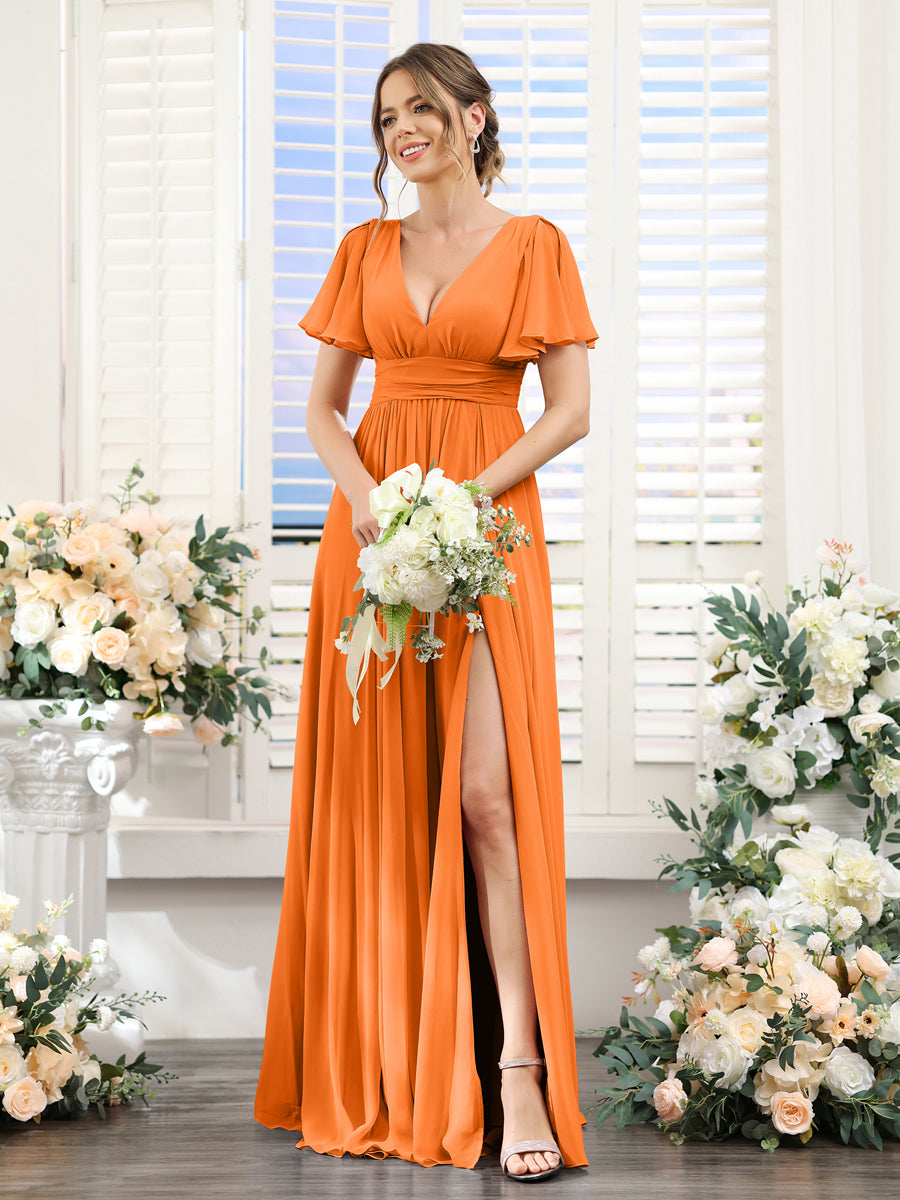 Vestidos de Dama de Honra Em Chiffon Linha A com Mangas Curtas e Laterais Divididas Até O Chão