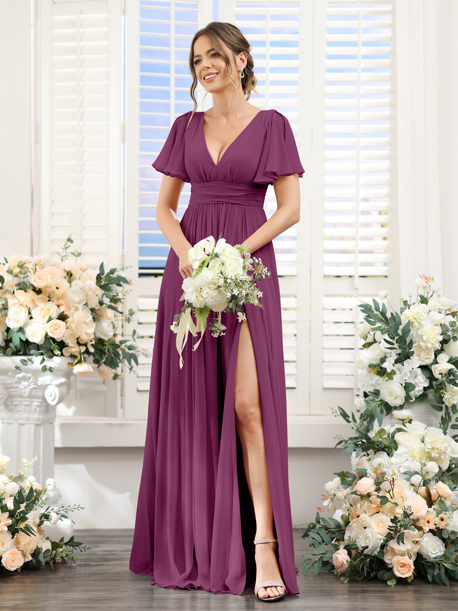 Vestidos de Dama de Honra Em Chiffon Linha A com Mangas Curtas e Laterais Divididas Até O Chão