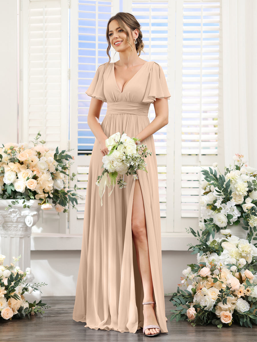 Vestidos de Dama de Honra Em Chiffon Linha A com Mangas Curtas e Laterais Divididas Até O Chão