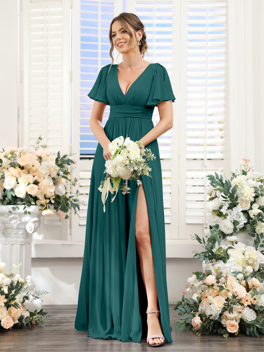 Vestidos de Dama de Honra Em Chiffon Linha A com Mangas Curtas e Laterais Divididas Até O Chão