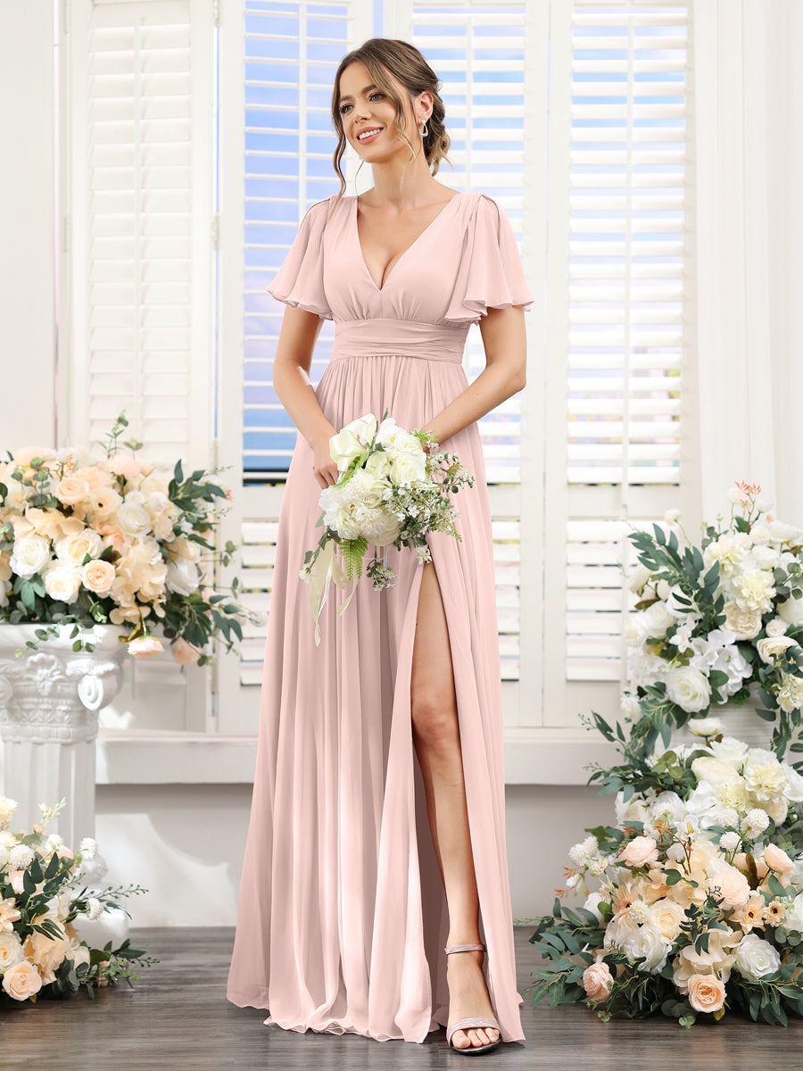 Vestidos de Dama de Honra Em Chiffon Linha A com Mangas Curtas e Laterais Divididas Até O Chão